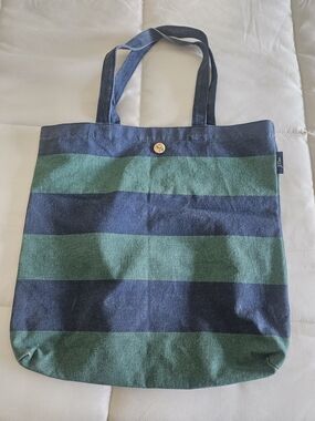 J. Crew Navy and Green Striped Canvas Tote